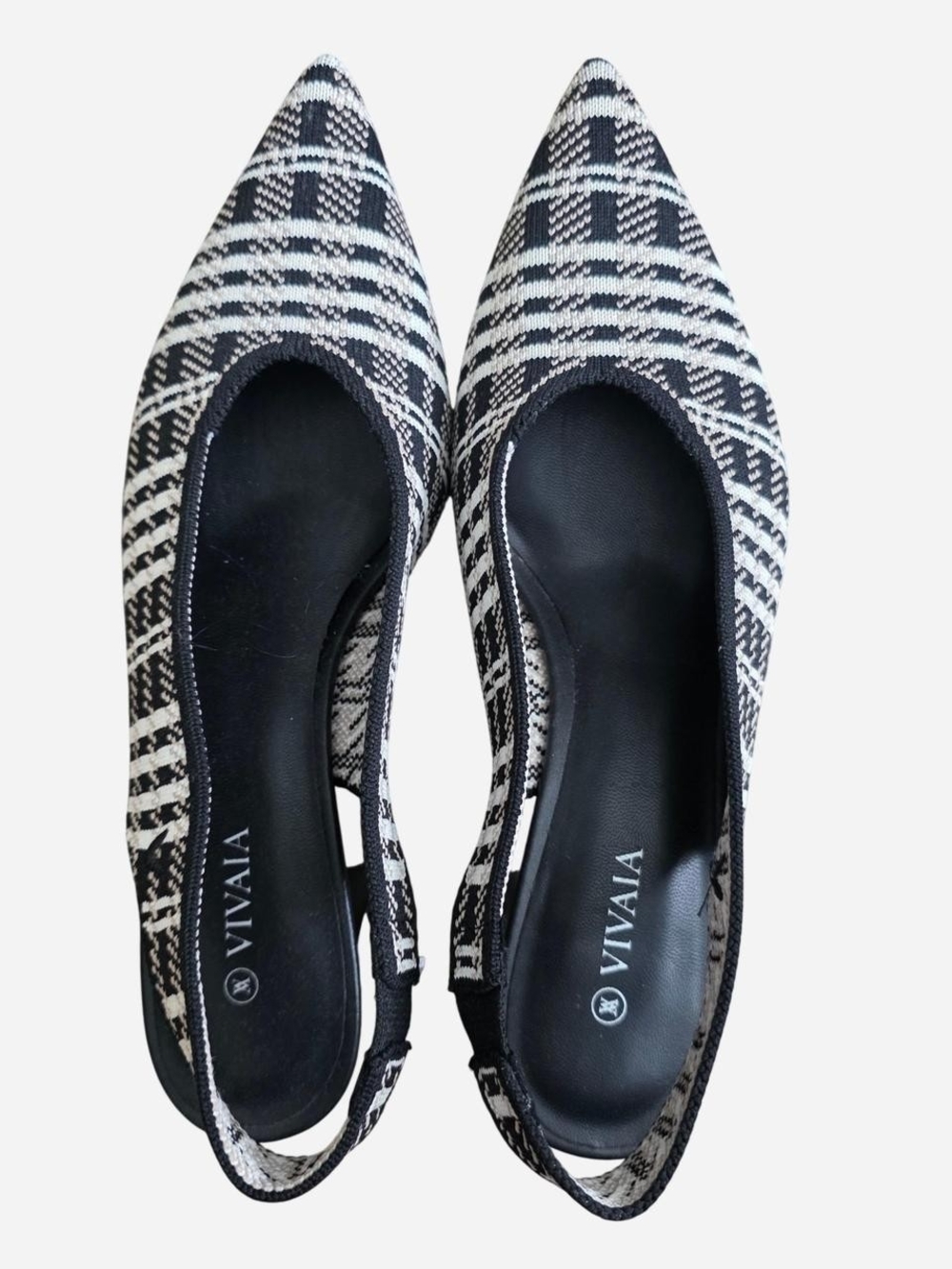 Vivaia Black, White, Tan Pointed Toe Slingback Heels